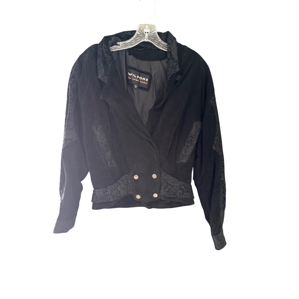 Wilsons Leather Vintage Black Suede Paisley Embossed Cropped Jacket Womens M